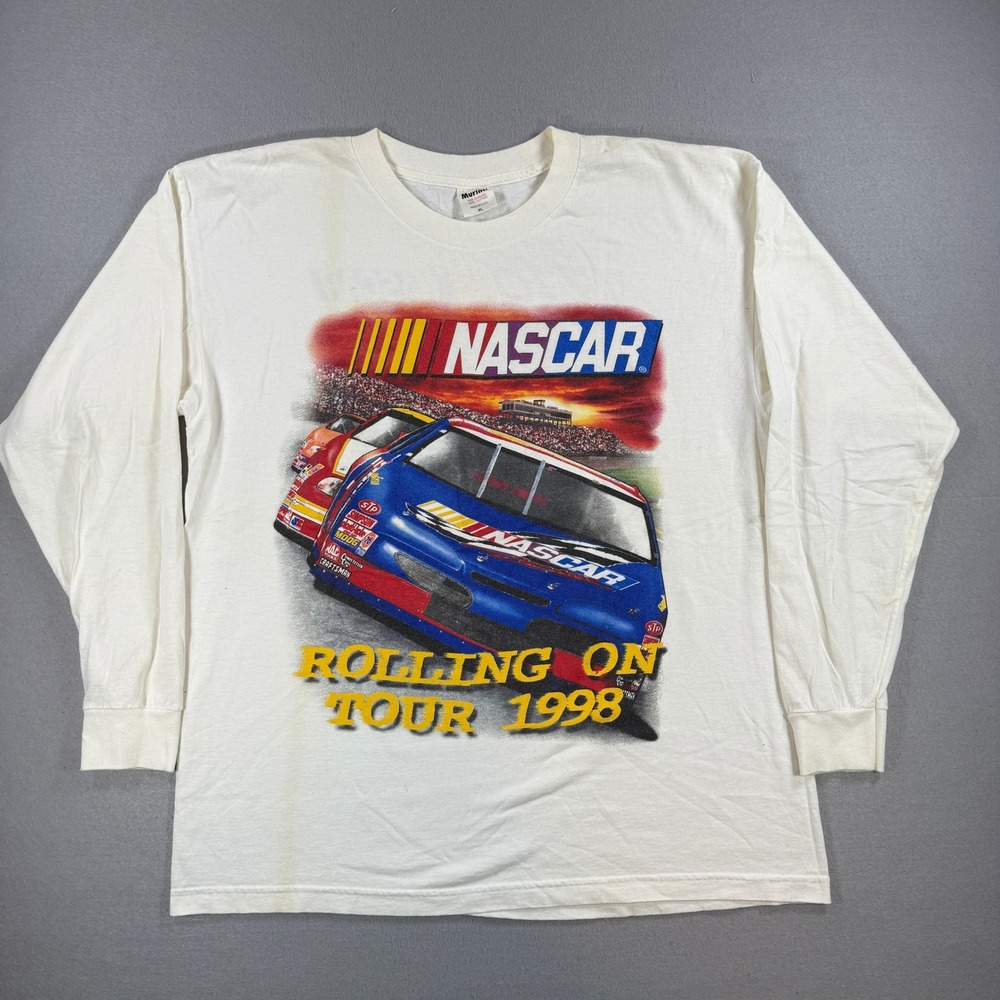 Vintage NASCAR T-Shirt Men XL White Rolling On Tour 1998 Long Sleeve Racing 1998